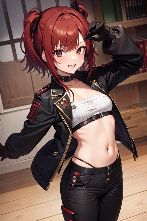 girl,red hair,bobhair,sharp teeth,smiling,black underwear,brown tattered lether jacket,little white bandaid on cheek,indigo lether pants,lether gloves,anime style