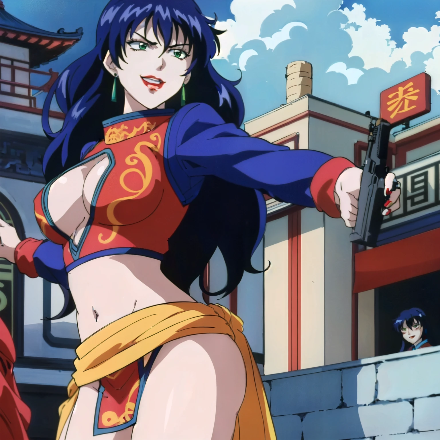 1girl,,retro artstyle,1990s \(style\),shan,blue hair,green eyes,lipstick,long hair,earrings,makeup, evil grin,, long hair, earrings, red lips, large breasts, ear piercing, long hair, blush, lipstick,Hot girl, baddie, smoking, sensual, attractive , masterpiece, best quality, highly detailed, a anime girls in china dress with navel cutout , navel
cutout, crop top, china dress, ecchi anime style, evil smile, open mouth, smile, anime girls, ecchi
style, ecchi, digital anime art!!, in anime style, official artwork, (nsfw) not safe for work, beautiful
anime girl, anime style 4 k, pelvic curtain, exposed belly, exposed navel, exposed midriff, exposed
lower belly, holding a gun, chinatown, holding pistol,outdoor,street,road, open arms sideway, arms T-pose, smirk, standing, anime girl T posing