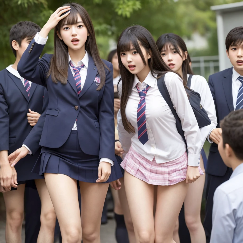  A beautiful female student with a neat, -faceses by in front of a horny male student who was ambushing them,  Surrounded by horny male students, the girls' school uniform is peeled off and the panties are in full view 、Viewers look at their panties, open their mouths and scream , Panic is incited by male students , Princess cut:1.3, Vivid and realistic, I was surprised by the lewd gazes of the viewers., blush, Distorted Eyes,  super high definition, Beautiful legs, Clear white skin, Slender body, Japanese,  anatomically correct