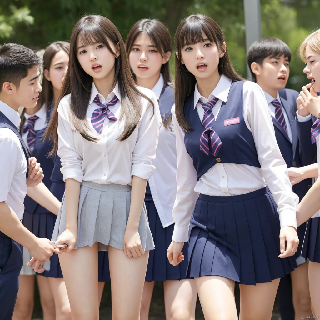  A beautiful female student with a neat, baby-faced face passes by in front of a horny male student who was ambushing them,  Surrounded by horny male students, the girls' school uniform is peeled off and the panties are in full view 、Viewers look at their panties, open their mouths and scream , Panic is incited by male students , Princess cut:1.3, Vivid and realistic, I was surprised by the lewd gazes of the viewers., blush, Distorted Eyes,  super high definition, Beautiful legs, Clear white skin, Slender body, Japanese,  anatomically correct