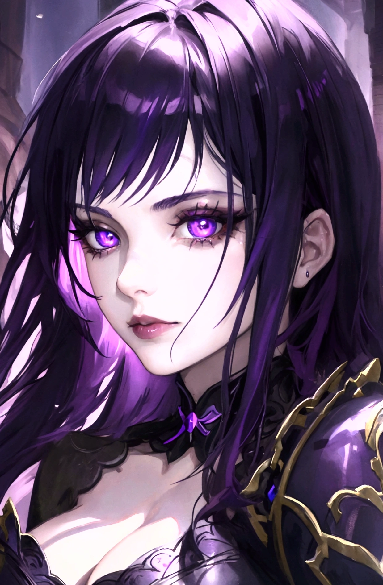 A Hyperrealistic, Purple Hair Female Demon warrior at hell, Perfect Body, Perfect Face, Angry