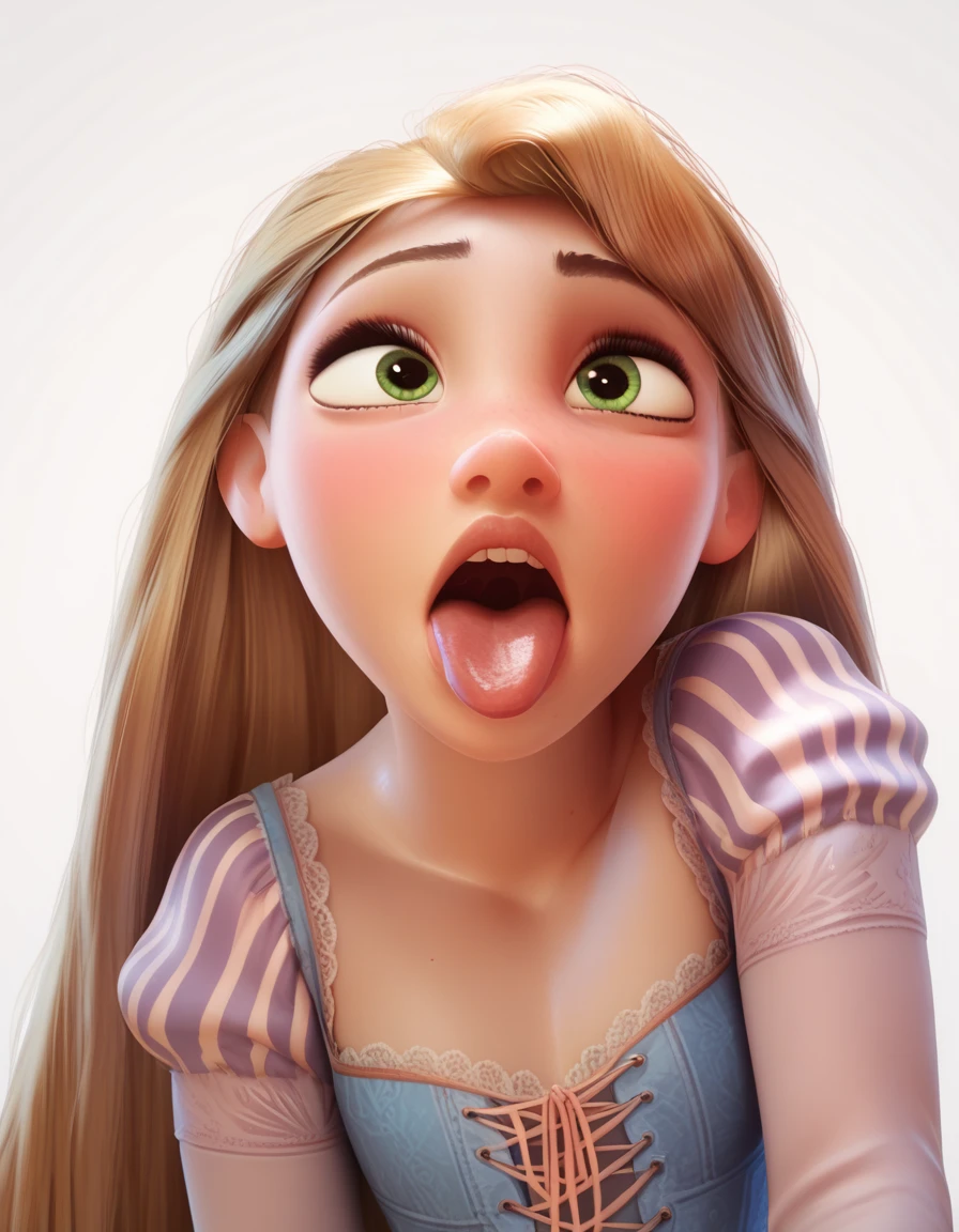 rapunzel, blond hair, green eyes, just the face, ahegao, looking at the viewer, simple background, HEAD ON