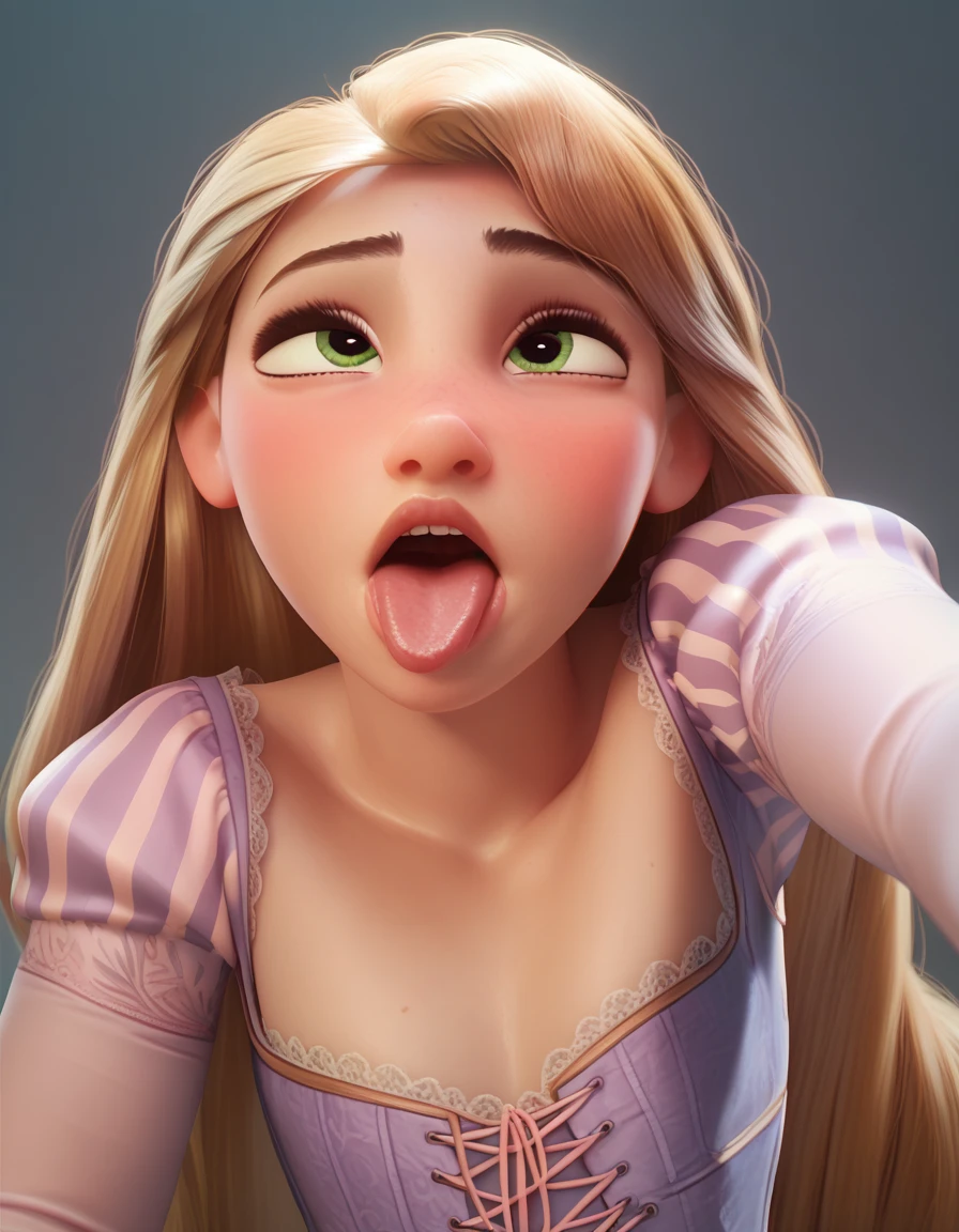 rapunzel, blond hair, green eyes, just the face, ahegao, looking at the viewer, simple background, HEAD ON