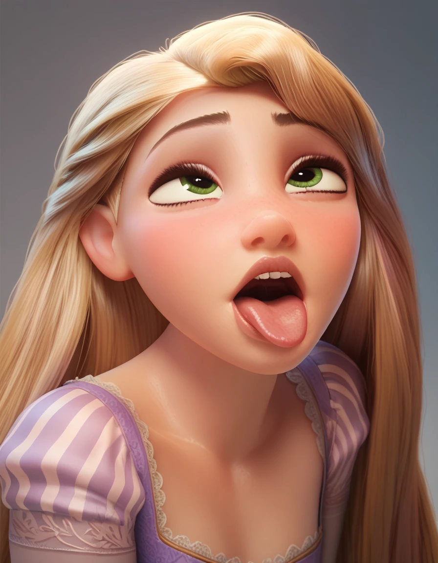 rapunzel, blond hair, green eyes, just the face, ahegao, looking at the viewer, simple background, HEAD ON