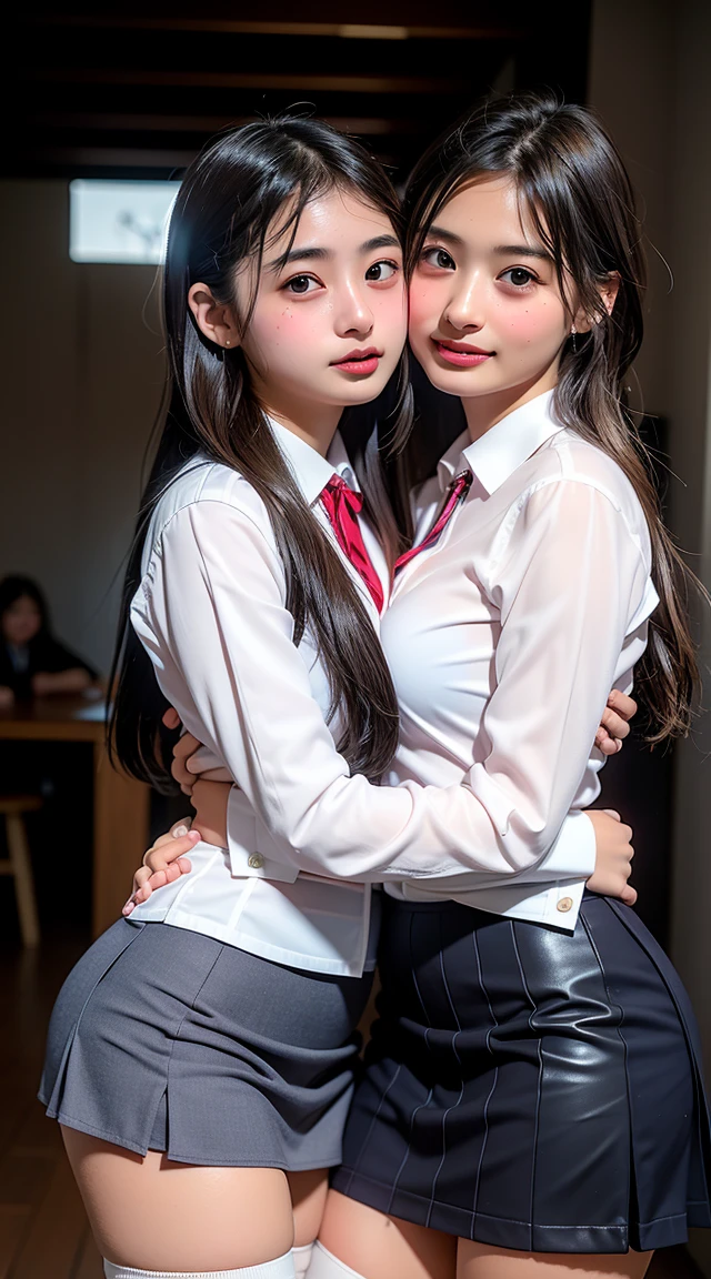 twogirls, small, kissing, longye hair, hand on the ass and around the body, whole body, photoshot, In school, good realistic lighting, short skirt and tights, beautiful,