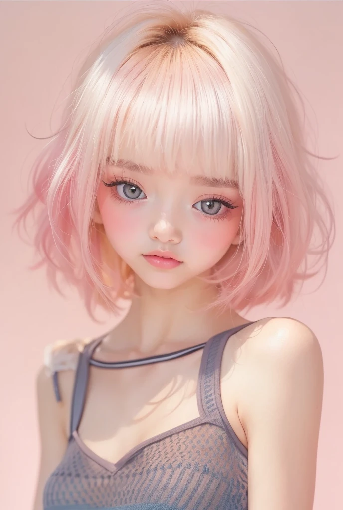 ((Extremely realistic)), ( super real), generate a highly realistic image, white backdrop,,15-year-old female,毛先ピンク色のshort bob black hair,  straight hair, I'm hiding my forehead with bangs,blue eyes,Long False Eyelashes,side view,Thick lips, Open the center of your lips、extremely detailed lips, large mouth, full, plump, Lip balm for shiny, glossy lips、Pale pink lips , transparent lip gloss,  skin texture so clear that you can see the lines of blood vessels under the skin、downy hair 、off shoulder tube top, Narrow waist ,Very thin and slender body, 