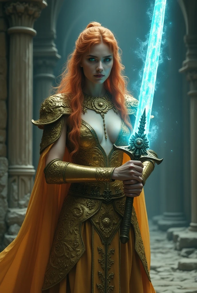 4K photograph style quality, digital photo mode, dark tanned European-Asian paladin with long orange hair and glowing green eyes, wearing radiant sexy golden deep-low-cut chainmail tunic with big chackles with a shining sun emblem on her chest, wielding a glowing ice-blue energie-sword, standing in a grand cathedral-like chamber of a dungeon, dark tanned radiant skin with a holy glow, noble and righteous expression, full body, dynamic pose, life size, perfect anatomy, detailed skin texture, full HD, 4K, HDR, perfect anatomy, depth of field.