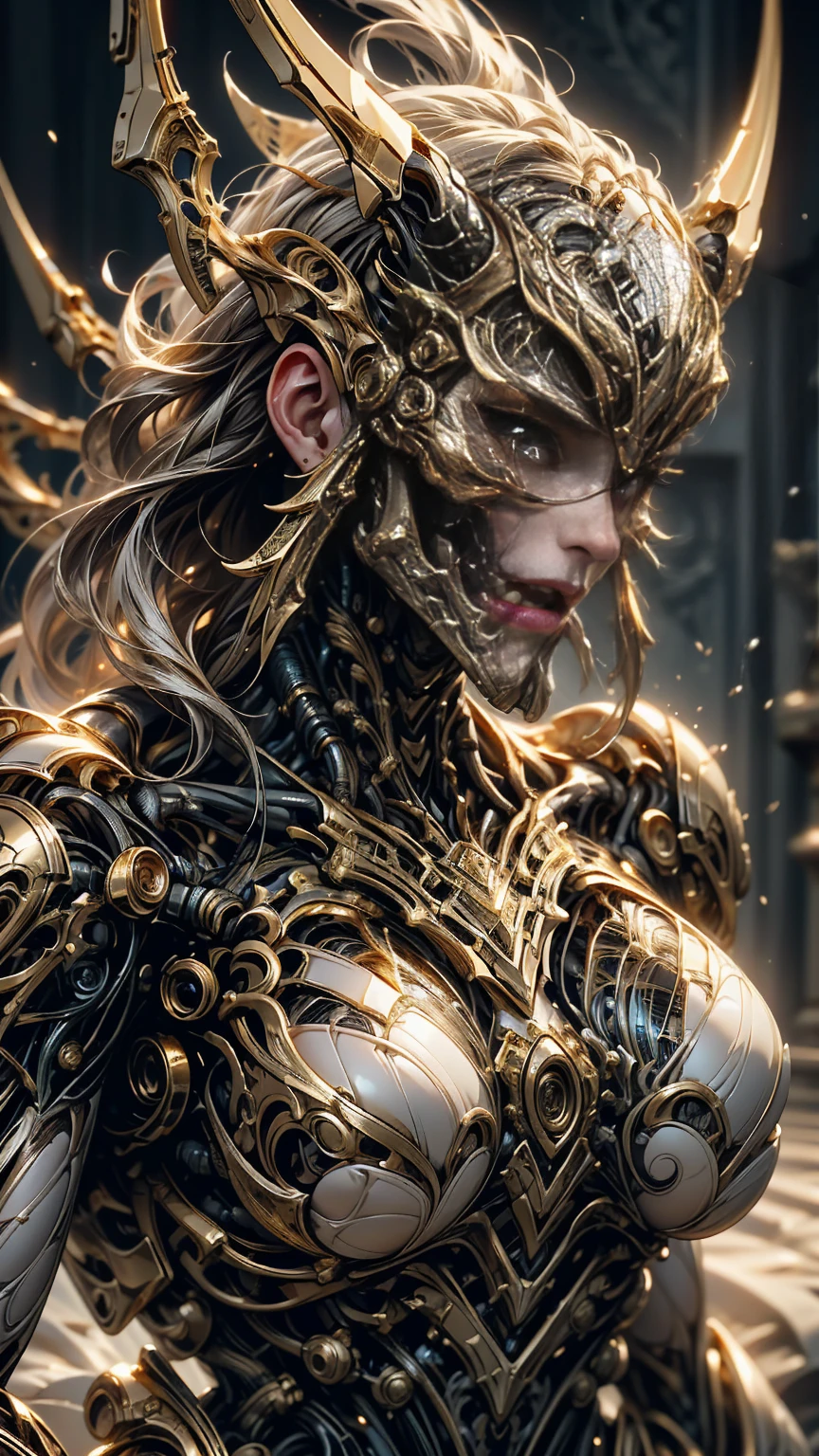 A portrait of Megan Fox as armored Carnage, (Black Carnage skinless biomechanical muscle armor, shiny gold metals, gold:1.25), (mouth wide open, butcher shop style:1.25), (samurai mask bottom part:1.25), ( upper body view:1.25), realistic, very detailed face and eyes, ( masterpiece:1.1), (beautiful girl face:1.45)