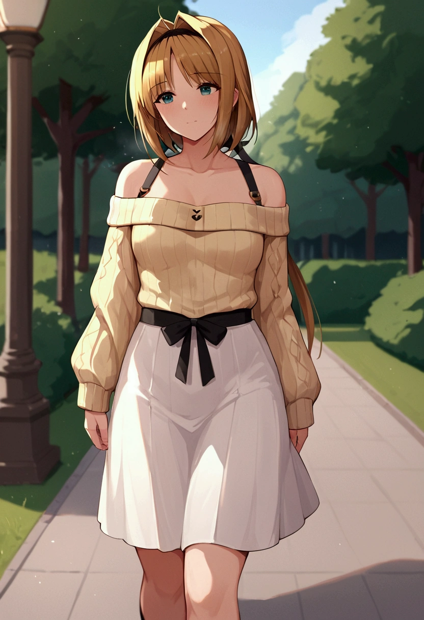 (takamori haruka:1.2), 1 girl, score_9, score_8_up, score_7_up, score_6_up, ((12k,Masterpiece)), Very detailed, clothes reflecting light ,(mature female, small breasts:1.0),Outdoor,Park,(black long skirt,off shoulder sweater ),taking a walk, walking,