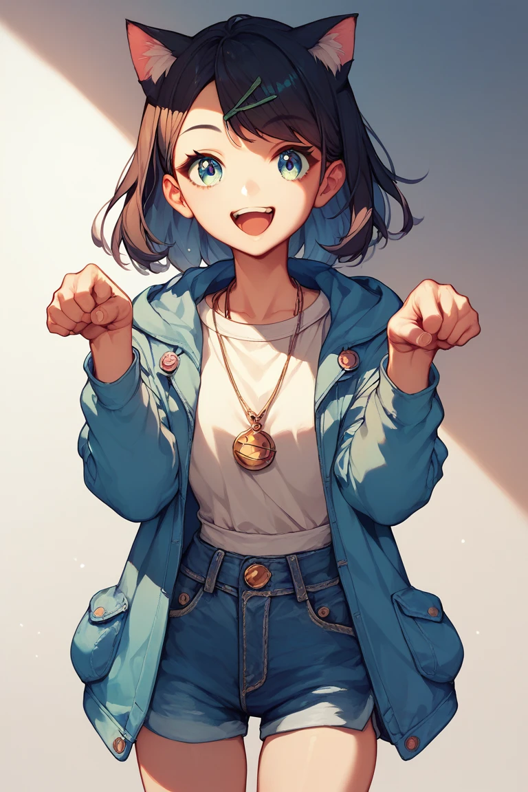 It&#39;s left \(pokemon\), blue hair, hair clip,
white shirt, hooded jacket, open jacket, denim shorts,smile,paw opse,Cat mouth,paw pose