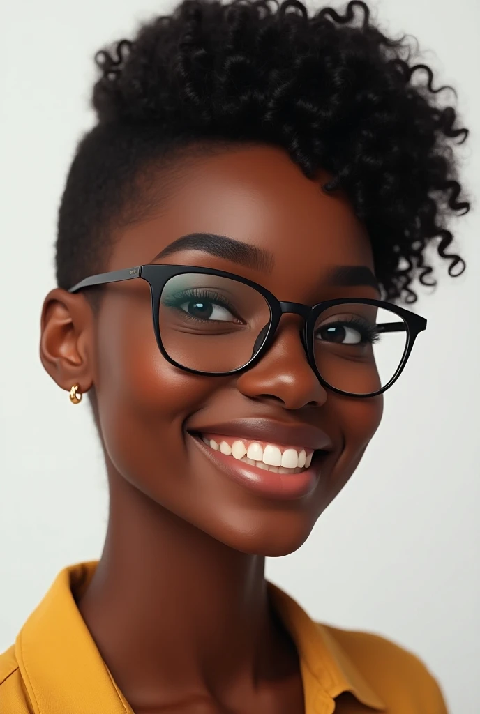 Happy curly woman with glasses earning 100k in her account