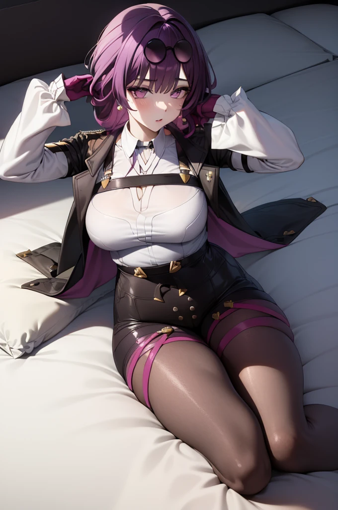 masterpiece, (detailed, highres, best quality), 1girl, kafkerdef, earrings, eyewear on head, sunglasses, white shirt, black jacket, long sleeves, purple gloves, shorts, pantyhose, thigh strap, seiza, arms behind head, bed