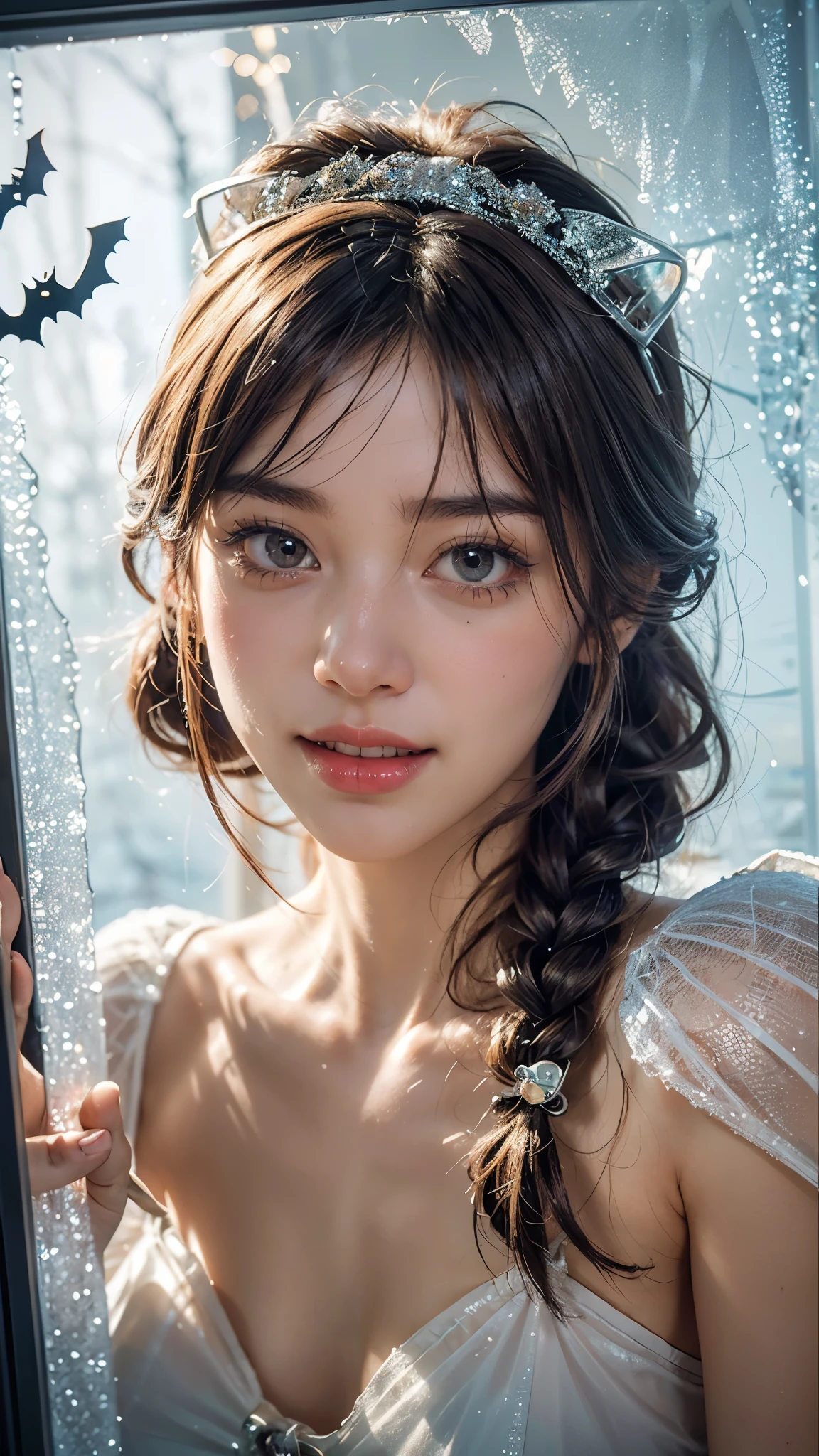8K,((masterpiece)), ((best quality)), (ultra-detailed), High detail, professional photograph, highest quality, floating hair, beautiful detailed, (((realistic))), hyper realistic character,natural lighting ,beautiful detailed eyes,1girl, solo,blunt bangs, realistic,(((Best quality))), Ultra detailed, 4k, 1 girl, beautiful detailed brown hair, braid hair, short hair, ((viewing from side)), (winter, night, beautiful detailed sky, stars, snowing), city, ((steam)), wind, blush, light,(((shining white eyes))), wind, looking up, ((snow)),bitter smile, confused, (sunshine, shade) (((snow crystal))), (big tits:1.7),((cleavage)),nude