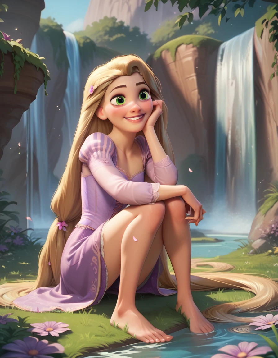 rapunzel, blond hair, green eyes, smile,  looking at the spectator, HEAD ON, on your knees, surrounding field , waterfall in the background 