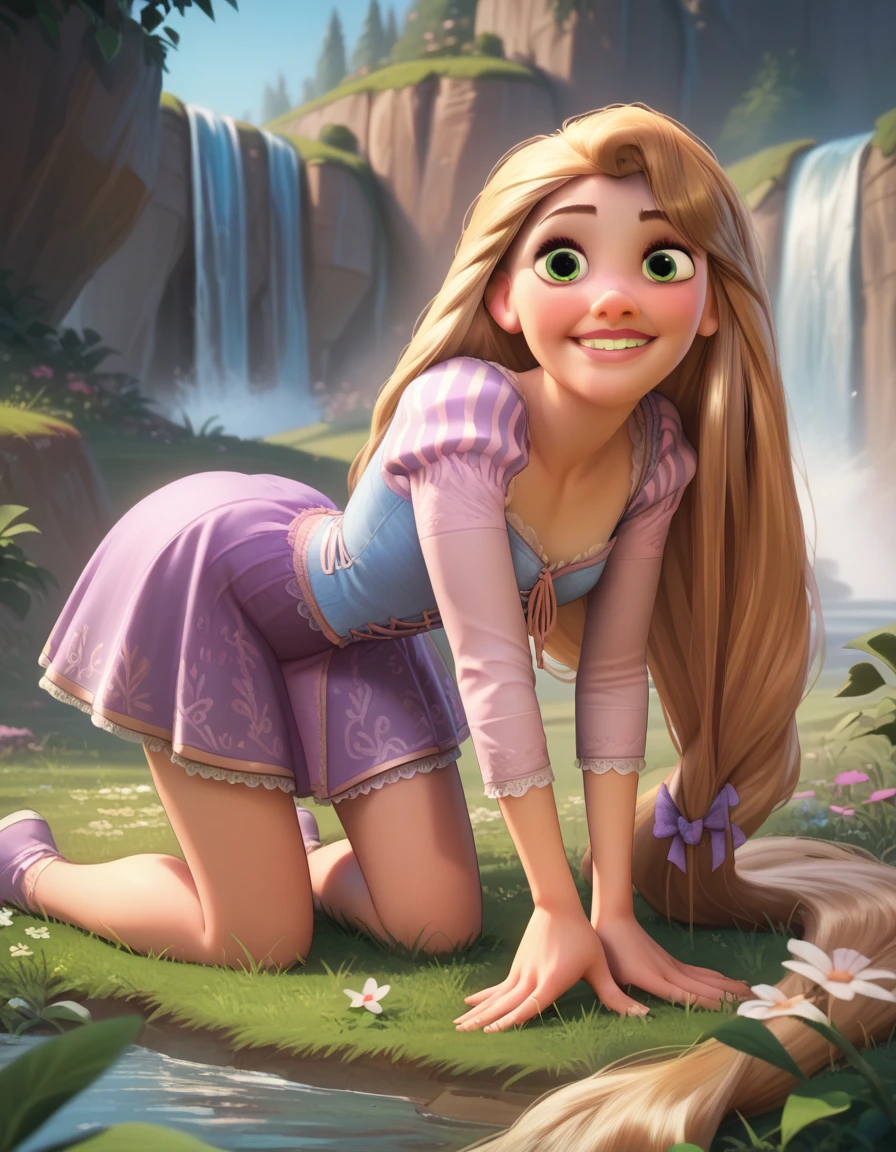 rapunzel, blond hair, green eyes, smile,  looking at the spectator, HEAD ON, on your knees, surrounding field , waterfall in the background 