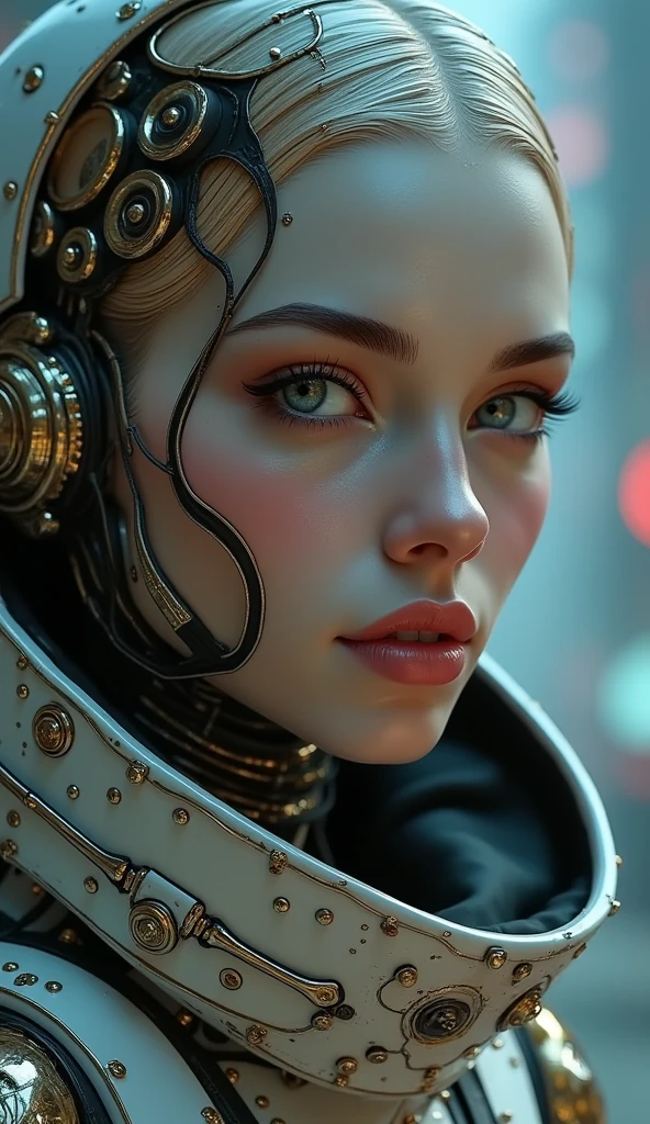 cyborg woman, portrait, digital painting, elegant, beautiful, highly detailed, artstation, concept art  by artgerm and greg rutkowski and alphonse mucha and J. C. Leyendecker and Edmund Blair Leighton and Charlie Bowater ray tracing octane render, cinematic lighting, photorealistic