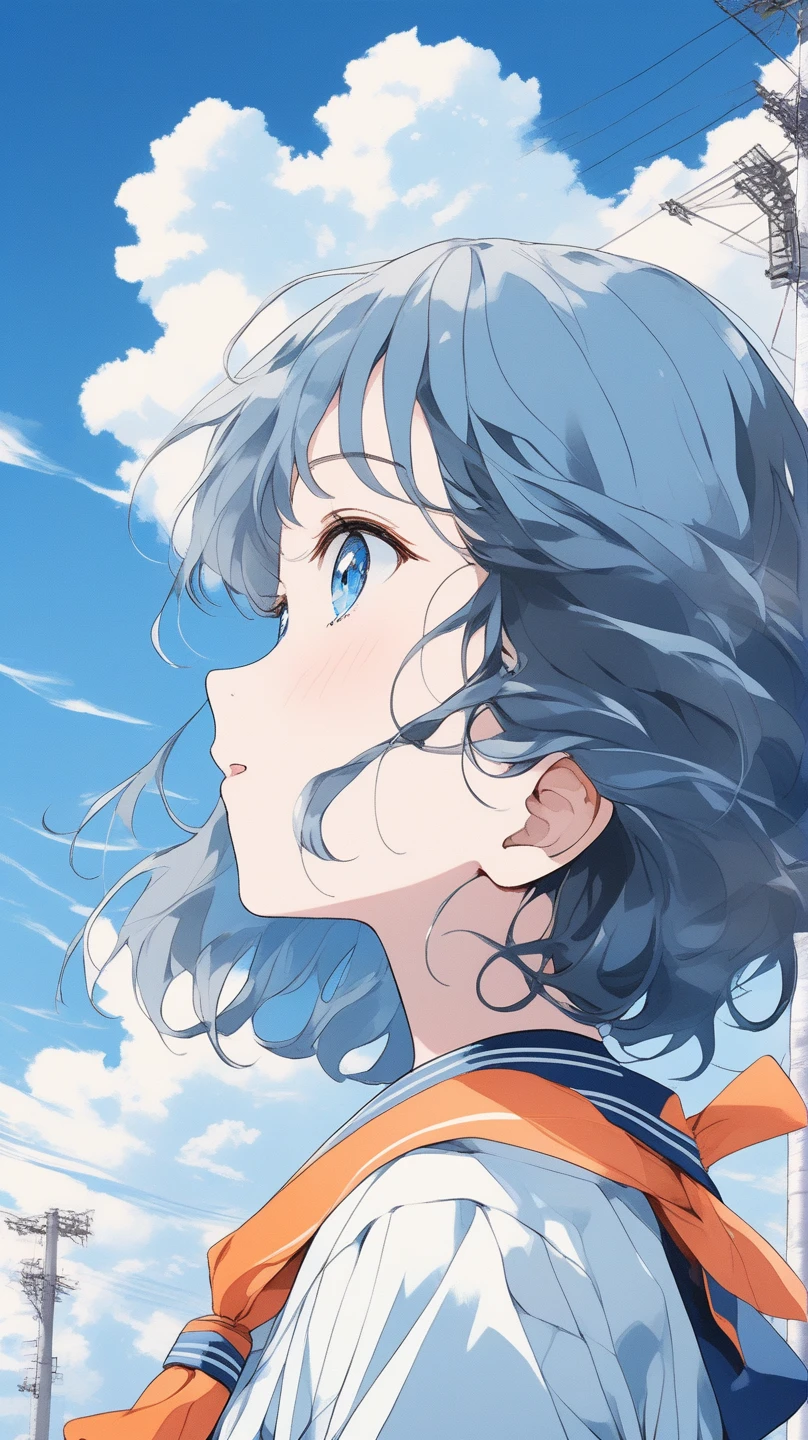 Illustrator, anime , Realistic ,sketch , Abstract background、body、Looking up at the sky, profile, Blue Hair,Short Bob、The girl on the right、Canada, (masterpiece,Best Quality)、White gradient　High quality OP, Still Images, Very happy，detailed, High image quality, masterpiece, Accurate, super detailed，Vibrant and detailed anime style depicting a young girl with casual hairstyle and big expressive blue eyes An illustration. She wears a traditional Japanese school uniform with a blue sailor top and orange neckerchief。. Background、A gorgeous bright blue sky with fluffy white clouds and lots of sunshine.。, Create a dynamic and uplifting atmosphere. It gives a sense of wonder and contemplation. The overall body structure is well balanced., The vast sky dominates the scene..