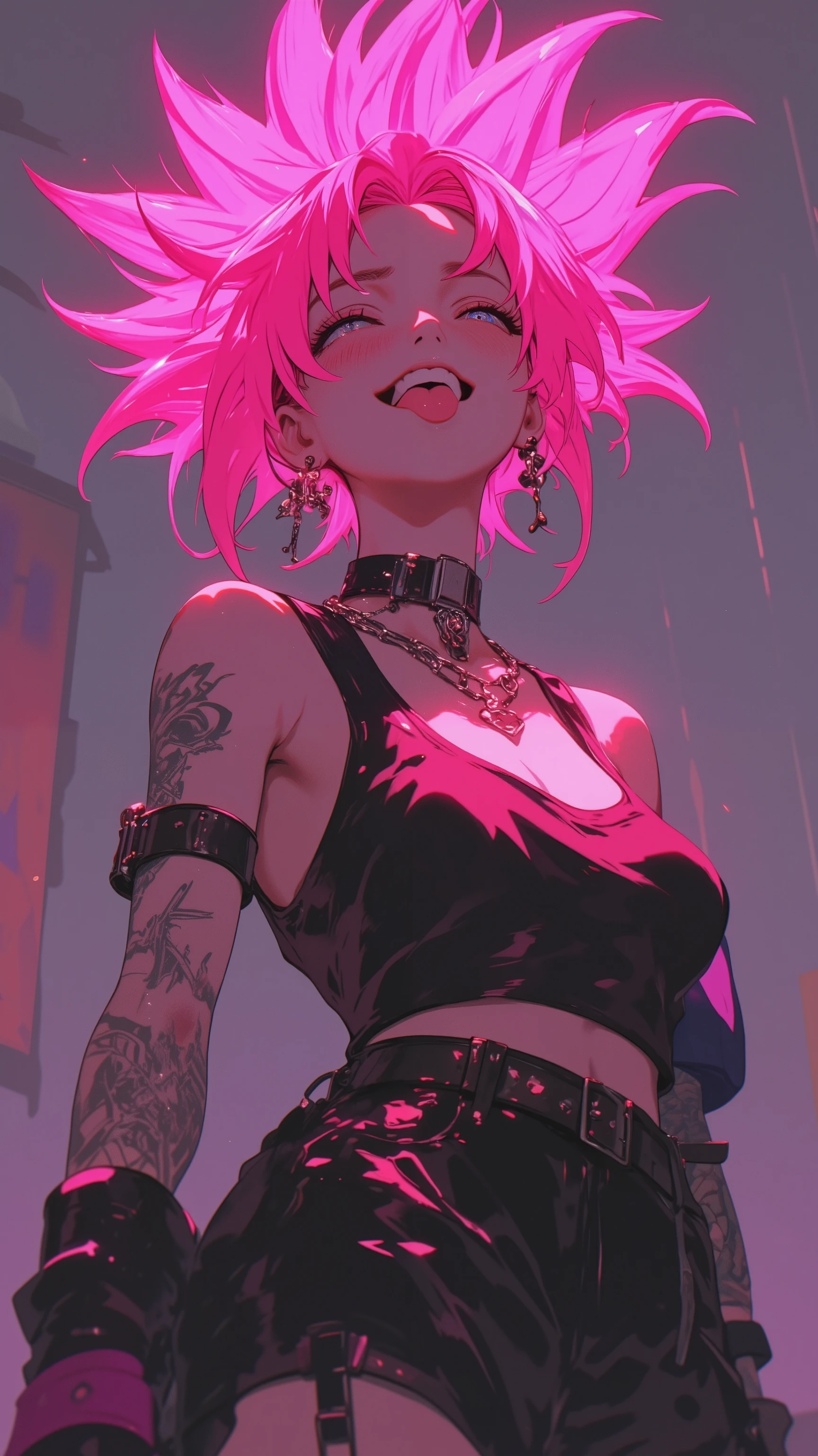 a young japanese woman with an extravagant pink Mohawk, bratty, sticking out tongue, punk rock, muted colors, soft lighting, small breasts, cleavage, 
