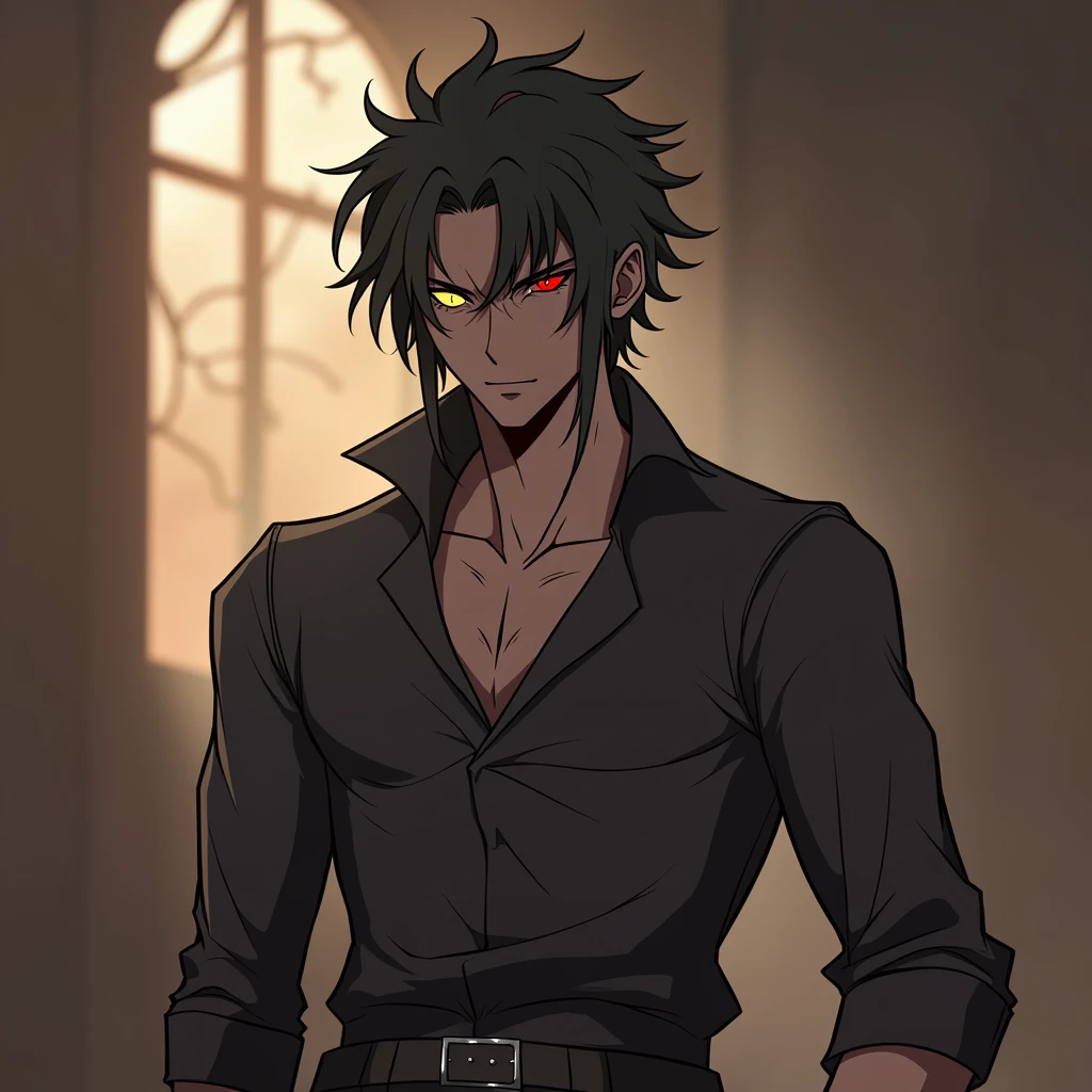 Anime dark skin male one eyes ghoul with gold eyes and black hair