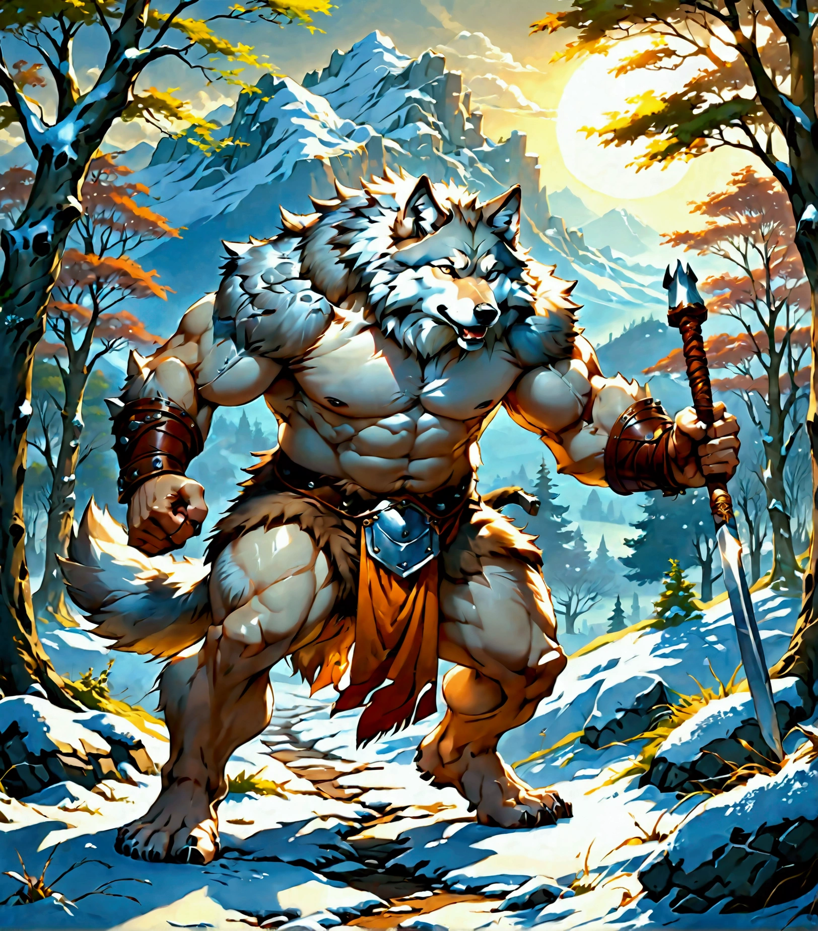 character focus, full body, looking away, dynamic angle, barbarian, a plump middle-aged wolf man, clothed, loincloth, breast plate, helmet, fighting, dynamic pose, BREAK complete anatomy, perfect proportions, beautiful thigh gap, fluffy body, intricate fur details, beautiful fur texture, BREAK detailed wolf 1tail, detailed toe, 5toes, 5toes nails, beautiful foot, detailed hands, 5fingers, 5fingers nails, BREAK aesthetic anime face, insanity detailed face, male face, big face, square jawline, aesthetic anime eyes, detailed brown eyes, detailed brown cornea, detailed dark brown irises, detailed pupils, male eyes, big eyes, male eyebrows, innocent look, beautiful beard, BREAK full body in Michelangelo Buonarroti style, digital illustration anime, housamo style, digital illustration anime, evening, snow field, path, outdoor, full color, HDR, BREAK masterpiece, official art, best quality, very aesthetic, absurdres, super fine illustration, great quality, BREAK noise reduction, very highres, large filesize, high quality, 32K, 8k wallpaper, dynamic lighting, insanity detailed, ultra detailed, intricate details, extremely detailed, detailed texture, an extremely delicate and beautiful, BREAK osukemo e621 illustration, Fur Affinity illustration, kemohomo, anthropomorphic, furry, cartoon, harmonious body, pastoral face, virtuous eyes, epic atmosphere