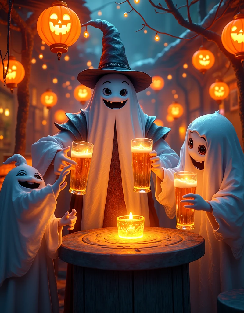 In a vibrant Hong Kong bar, a group of mischievous ghosts and a Hong Kong man gather to raise their glasses in a toast. The atmosphere is electric with Halloween revelry, as they savor the crisp taste of Asahi Japanese beer. The Pixar-inspired scene bursts with Ultra-detailed masterpieces: candles flicker, lanterns glow, and jack-o'-lantern smiles playfully amidst cobweb-covered decorations. Spirits mingle, laughing and chatting as the bartender expertly crafts a bewitching brew. Display Aaahi beer prominently