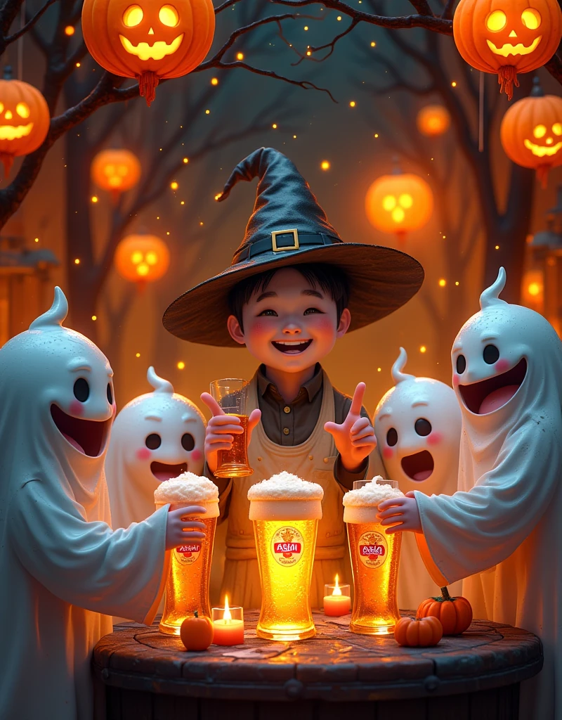 In a vibrant Hong Kong bar, a group of mischievous ghosts and a Hong Kong man gather to raise their glasses in a toast. The atmosphere is electric with Halloween revelry, as they savor the crisp taste of Asahi Japanese beer. The Pixar-inspired scene bursts with Ultra-detailed masterpieces: candles flicker, lanterns glow, and jack-o'-lantern smiles playfully amidst cobweb-covered decorations. Spirits mingle, laughing and chatting as the bartender expertly crafts a bewitching brew. Display Aaahi beer prominently