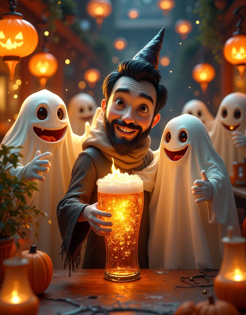 In a vibrant Hong Kong bar, a group of mischievous ghosts and a Hong Kong man gather to raise their glasses in a toast. The atmosphere is electric with Halloween revelry, as they savor the crisp taste of Asahi Japanese beer. The Pixar-inspired scene bursts with Ultra-detailed masterpieces: candles flicker, lanterns glow, and jack-o'-lantern smiles playfully amidst cobweb-covered decorations. Spirits mingle, laughing and chatting as the bartender expertly crafts a bewitching brew. Display Aaahi beer prominently