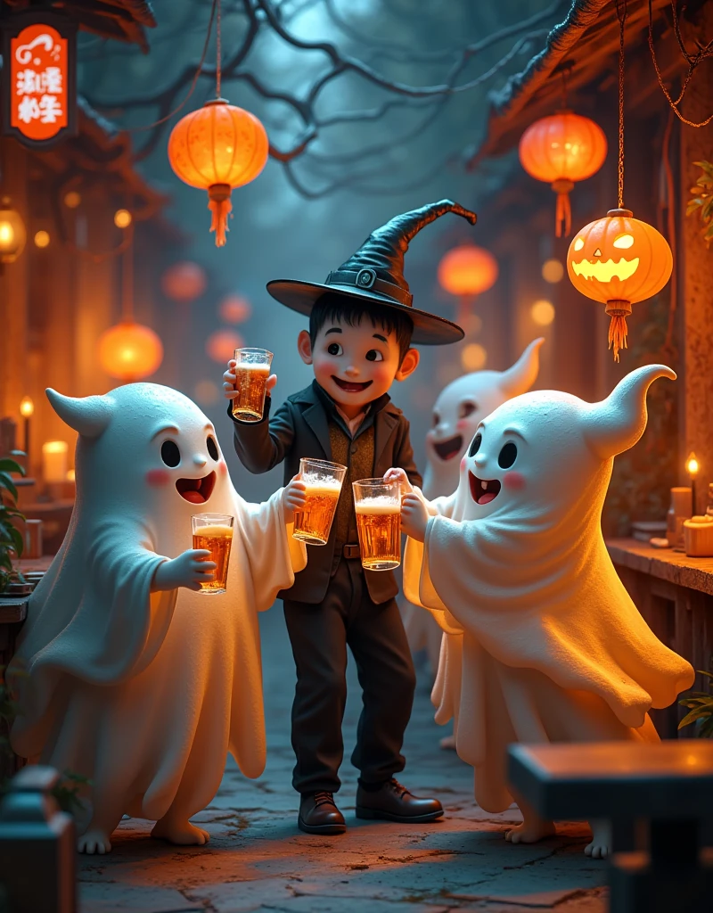 In a vibrant Hong Kong bar, a group of mischievous ghosts and a Hong Kong man gather to raise their glasses in a toast. The atmosphere is electric with Halloween revelry, as they savor the crisp taste of Asahi Japanese beer. The Pixar-inspired scene bursts with Ultra-detailed masterpieces: candles flicker, lanterns glow, and jack-o'-lantern smiles playfully amidst cobweb-covered decorations. Spirits mingle, laughing and chatting as the bartender expertly crafts a bewitching brew. Display Aaahi beer prominently