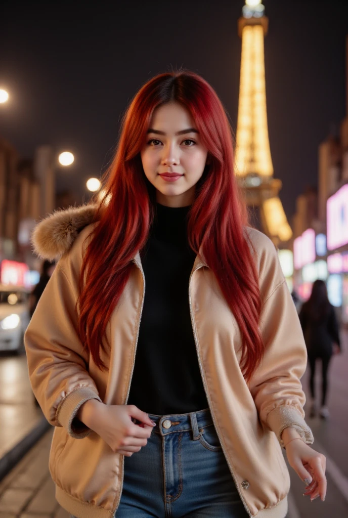 This photograph captures a young woman named maxene with striking long, vibrant red hair standing in front of the Eiffel Tower at night. The woman, who appears to be in her mid-20s, has fair skin and a cheerful expression with a broad smile. She is dressed in a cozy, light beige, fur-lined parka with a high collar, which contrasts against her dark black turtleneck. She also wears high-waisted blue jeans that accentuate her slim figure. The background features the iconic Eiffel Tower illuminated with warm yellow lights, casting a golden glow against the dark night sky. The tower's structure is slightly out of focus, adding a dreamy, romantic atmosphere. The blurred background also includes several streetlights and a few pedestrians, suggesting a bustling urban setting. The overall color palette of the image is warm, with the woman's hair and the Eiffel Tower lights providing a striking contrast against the cooler tones of the night sky and the streetlights. The photograph captures a blend of modern fashion and classic Parisian landmarks, evoking a sense of urban elegance and timeless beauty.