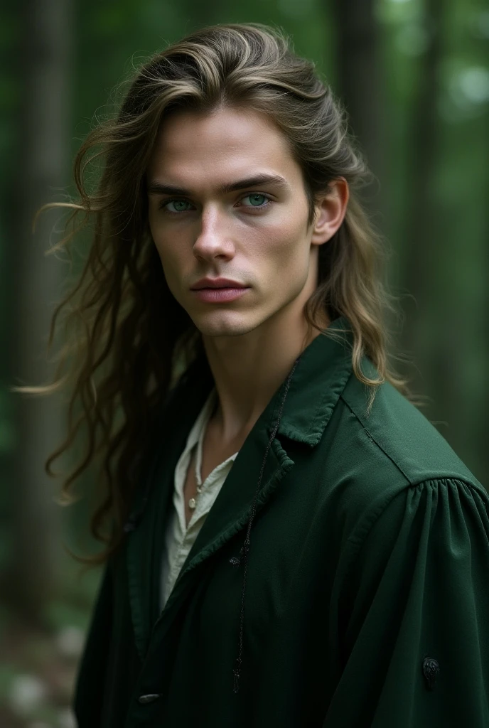 A half elf man with brown curly hair and green eyes