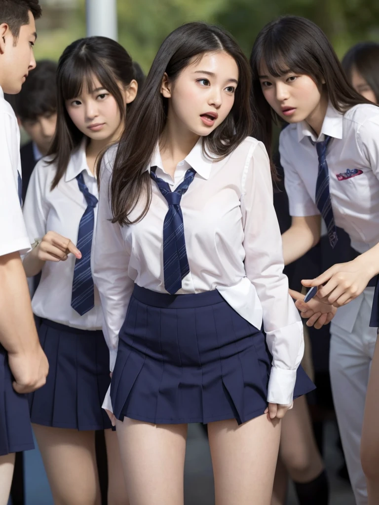  A beautiful female student with a neat, ****-********** passes by in front of a horny male student who was ambushing them,  Surrounded by horny male students, the girls' school uniform is peeled off and the panties are in full view 、Viewers look at their panties, open their mouths and scream , Panic is incited by male students , Princess cut:1.3, Vivid and realistic, I was surprised by the lewd gazes of the viewers., blush, Distorted Eyes,  super high definition, Beautiful legs, Clear white skin, Slender body, Japanese,  anatomically correct