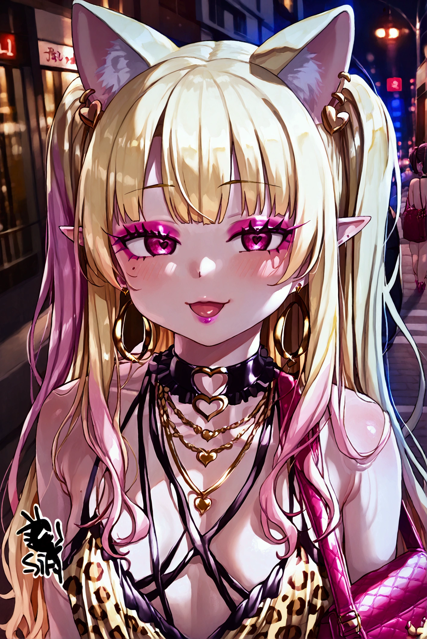 loli, gyaru, slut loli, slutty loli, mesugaki loli, mesugaki, white skin, pale skin, leopard print dress, naughty face, beautiful loli, bold loli, outgoing loli, blonde loli, blonde hair, multi-colored hair, pink hair, 2-color hair, blonde hair with pink gradient, blonde hair with pink streaks, sensual face, leopard print, little loli,  girl, very , beautiful girl, bold dress, fashionable clothes, leopard print clothes, luxurious accessories, expensive bag, makeup girl, makeup loli, playful look, prostitute clothes, prostitute loli, exotic clothes, small clothes, leopard print clothes, gold rings, gold hoop earrings, gold earrings, long hair, very long hair, gold necklace, gold necklaces, black choker with heart, black choker, provocative pose, sensual pose, little loli, 1 person, anime style, anime, high quality, hd, correct anatomy, masterpiece, best quality, sfw, save for work, loose hair, full body, entire visible body, city, city street, on the city street,  girl,  loli, elf, elf loli, elf girl, pointy ears