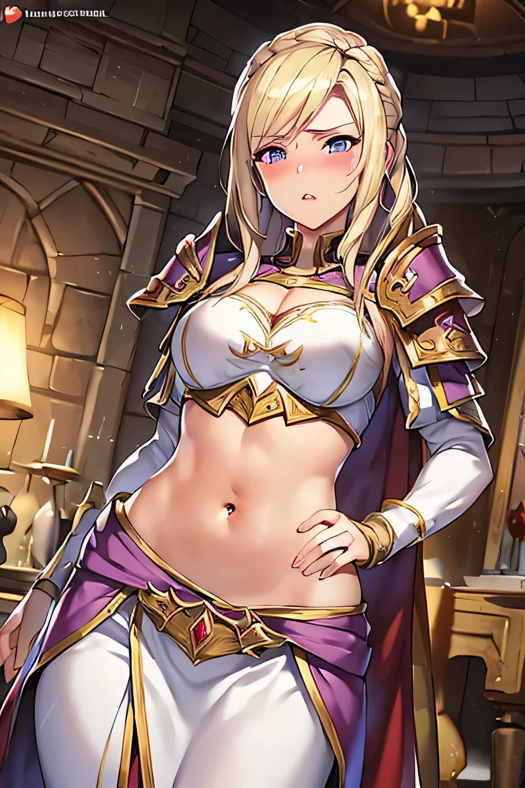 super fine illustration, vibrant colors, masterpiece, sharp focus, best quality, depth of field, ultra detailed, 1girl, solo, blush, purple waist cloth, long sleeves, armor,  warcraft, world of warcraft, WOW, jaina proudmoore, Elegant, looking down, blonde hair, body armor, shoulder pad armor, body armor, white skirt, red lipstick, night, indoors, leaning, hand on own stomach, shocked, afraid,  red lips, teeth, navel, embarrassed, medieval, pouting, midriff, belly