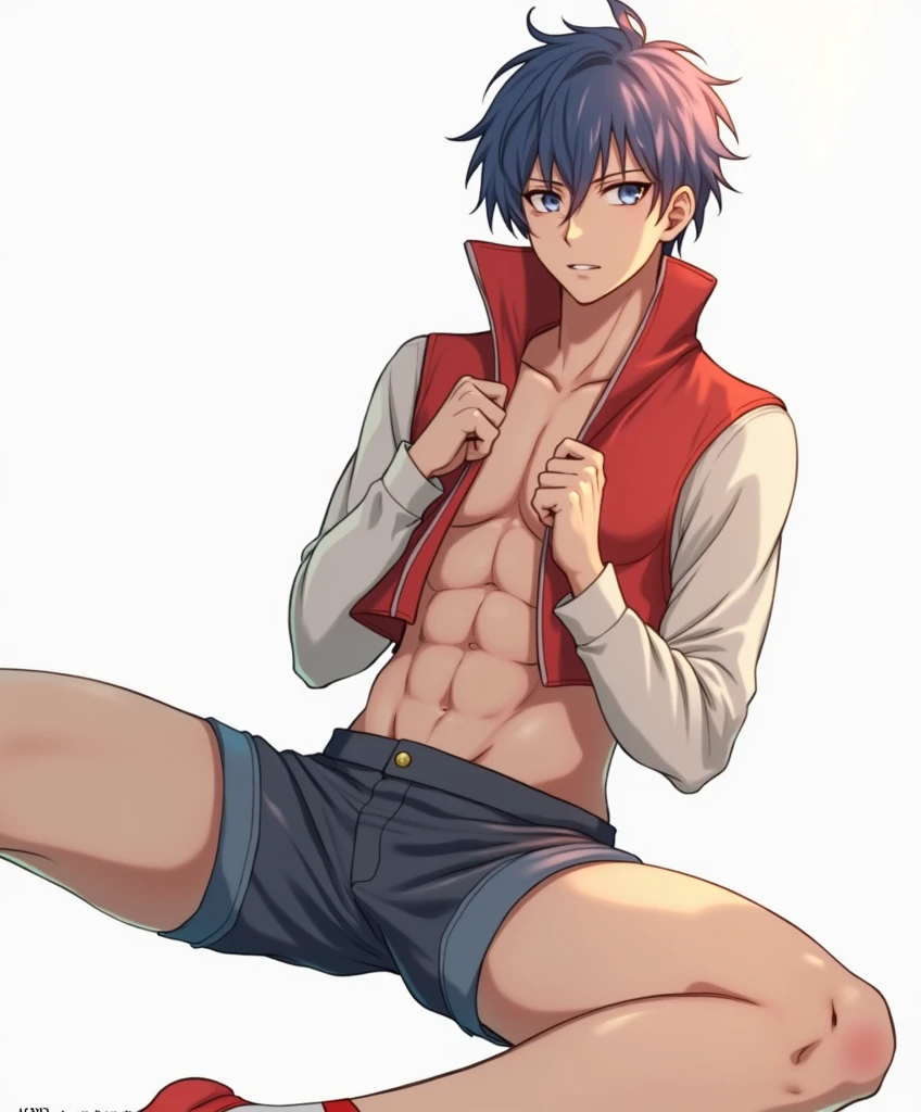 Anime guy in underwear posing with his shirt open, Yuji Itadori, pink hair, black under hair, Jujutsu Kaisen, in combat pose, slightly muscular, defined body, shirtless, abs, big legs