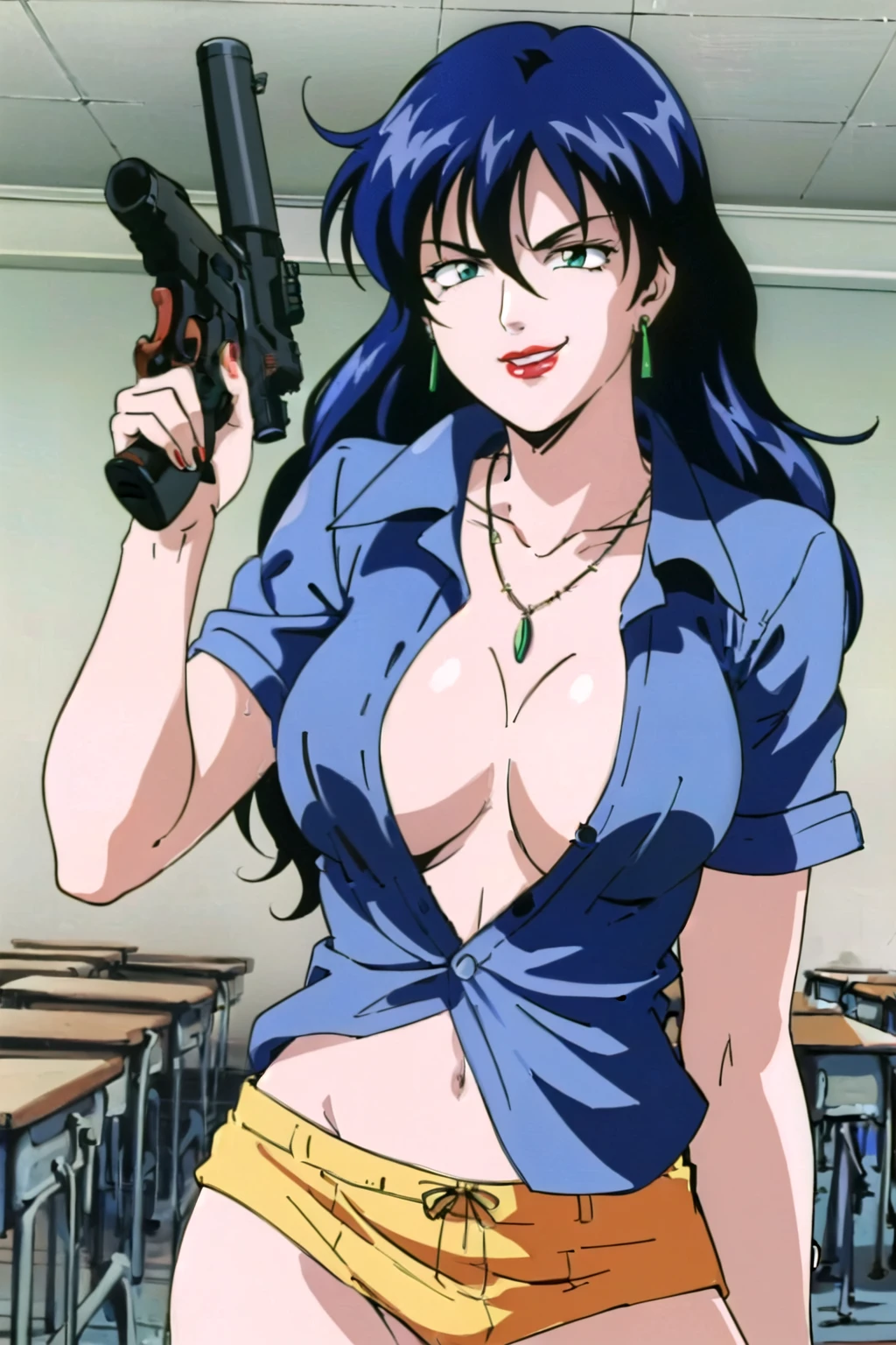 1girl,,retro artstyle,1990s \(style\),shan,blue hair,green eyes,lipstick,long hair,earrings,makeup, evil grin,, long hair, earrings, red lips, large breasts, ear piercing, long hair, blush, lipstick,Hot girl, baddie, smoking, sensual, attractive , masterpiece, best quality, ((unbuttoned school uniform, cleavage, necklace, earrings, sexy body,
breasts)) , micro skirt, smiling, navel , exposed belly, exposed navel,(nsfw) not safe for work,school,
classroom , hold a gun,knot, holding pistol