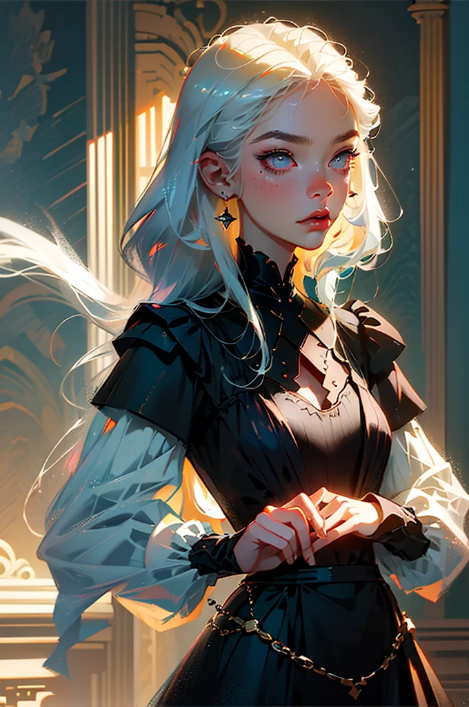 masterpiece, best quality, illustration, {Beauty Girl}, Beauty Girl, (Flames: 1.2), (Behind the Nuclear Explosion: 1.3), Rain, Fine Lighting, Fine Water, (Beauty Eyes: 1.1), Expressionless, Palace, Azure Hair, Disheveled Hair, Long Bangs, Hair Between Eyes, (Whitegrey Dress: 1.1), Black Ribbon, White Bow Tie, Abdomen, Big Forehead, Blank Stare, Flower, Long Sleeve