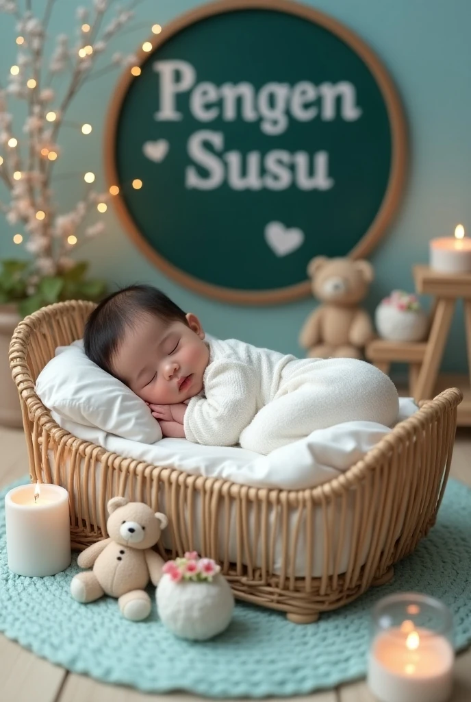 Make a baby girl wear traditional clothes. The clothes have detailed motifs in brown and gold., like batik cloth. The child slept in a rattan basket covered with a thick fluffy blanket.. There is a large pillow with a small doll hanging from one corner.. The child is holding a wooden board that says "Praise God for the Birth of Our Daughter" "ALTHEA BLESSED FELICIA" "31 julli 2024"