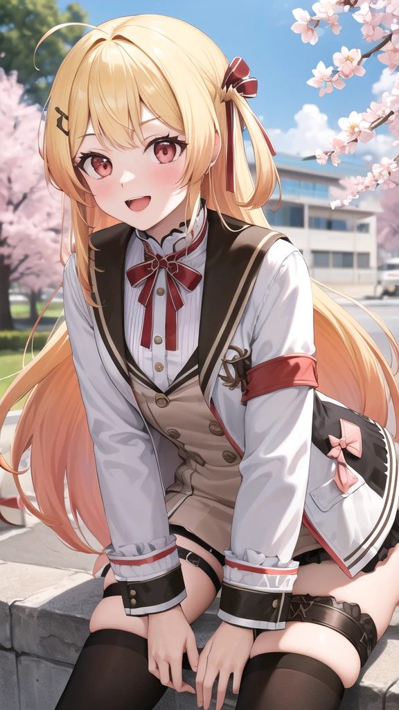 masterpiece, best quality, highres, kanadeyj, long hair, one side up, hair ribbon, hair ornament, ahoge, red eyes, neck ribbon, red ribbon, brown dress, white jacket, open clothes, long sleeves, thigh strap, black thighhighs, outdoors, cherry blossoms, standing, leaning forward, smile, open mouth, hand on own knee,