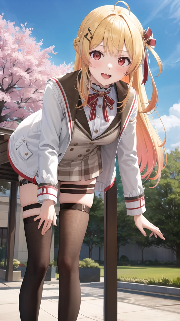 masterpiece, best quality, highres, kanadeyj, long hair, one side up, hair ribbon, hair ornament, ahoge, red eyes, neck ribbon, red ribbon, brown dress, white jacket, open clothes, long sleeves, thigh strap, black thighhighs, outdoors, cherry blossoms, standing, leaning forward, smile, open mouth, hand on own knee,