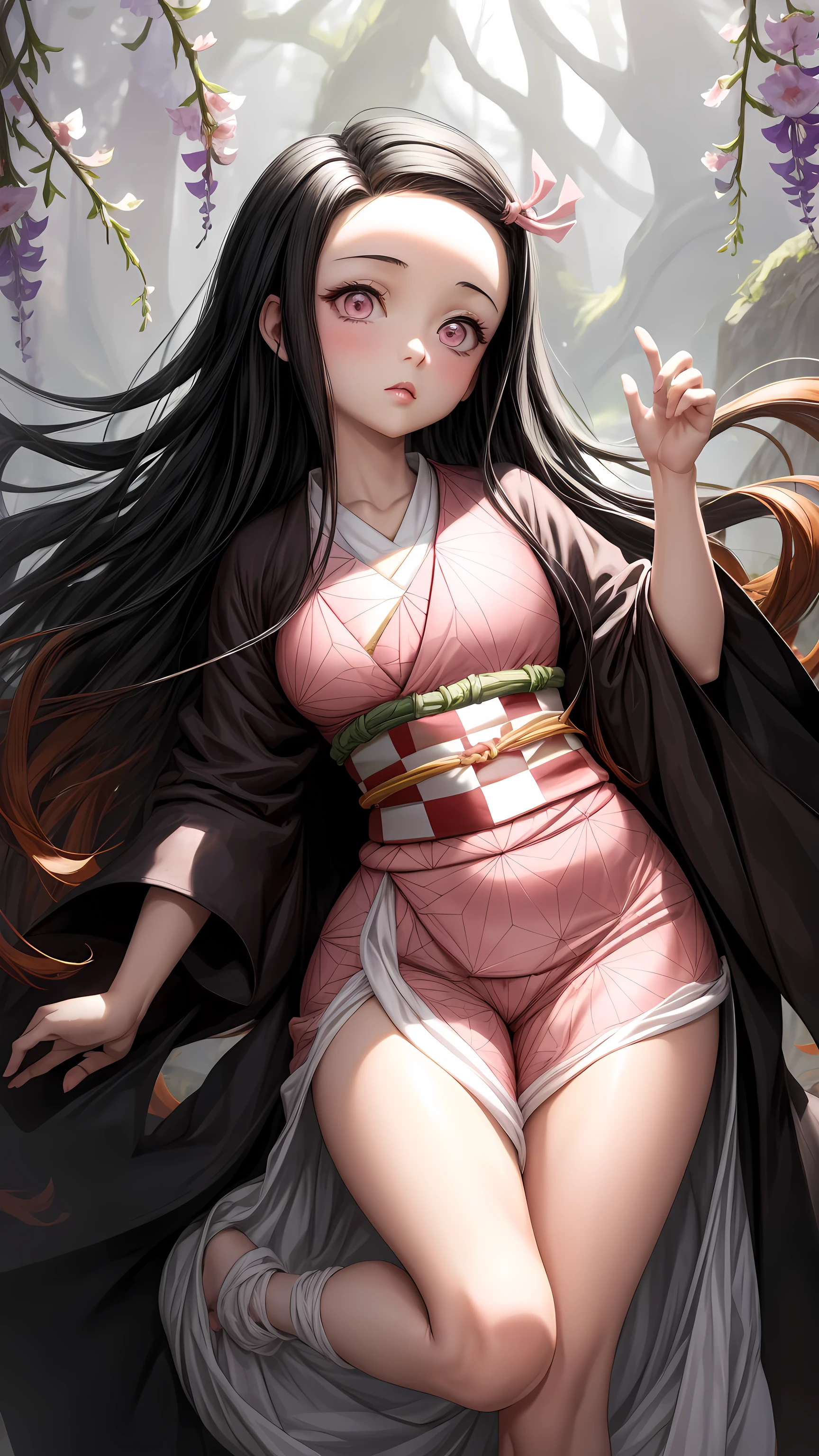  masterpiece, (Pink Kimono), Seductive face,  good lighting , neckline, Fine details,  masterpiece, bright eyes, 1 girl,  black hair, mordacity, bamboo, Nezuko Kamado, wisteria background,  masterpiece,  the best quality, to throw,  Whole body,  Wide Hips ,