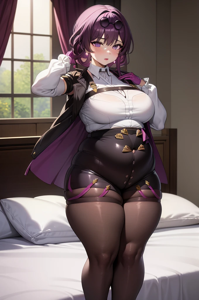 masterpiece, (detailed, highres, best quality), 1girl, kafkerdef, earrings, eyewear on head, sunglasses, white shirt, black jacket, long sleeves, purple gloves, shorts, pantyhose, thigh strap, seiza, arms behind head, bed, chubby, chubby girl, curvy, large breasts, lips, plump, thick thighs, thighs