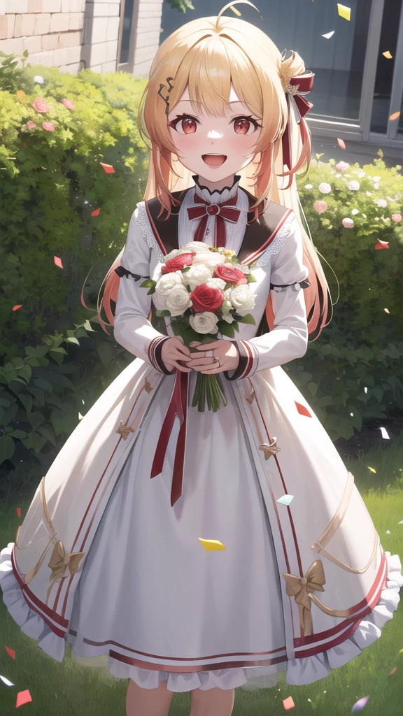 masterpiece, best quality, highres, kanadeyj, long hair, one side up, hair ribbon, hair ornament, ahoge, red eyes, wedding dress, standing, garden, confetti, holding bouquet, smile, open mouth,