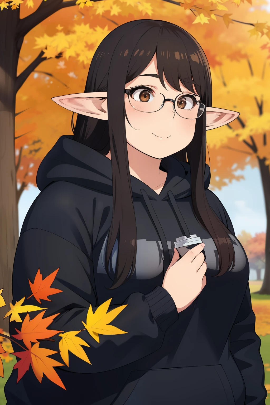 Chubby，2 Big Black Hair， Brown Eyes ，Elf Ears，happiness，Long and messy hair，Blushed Smile， I LOVE YOU， black hoodie ，Glasses，naked:1.1，Autumn park，tree々 The sunlight is pouring in，Autumn leaves，