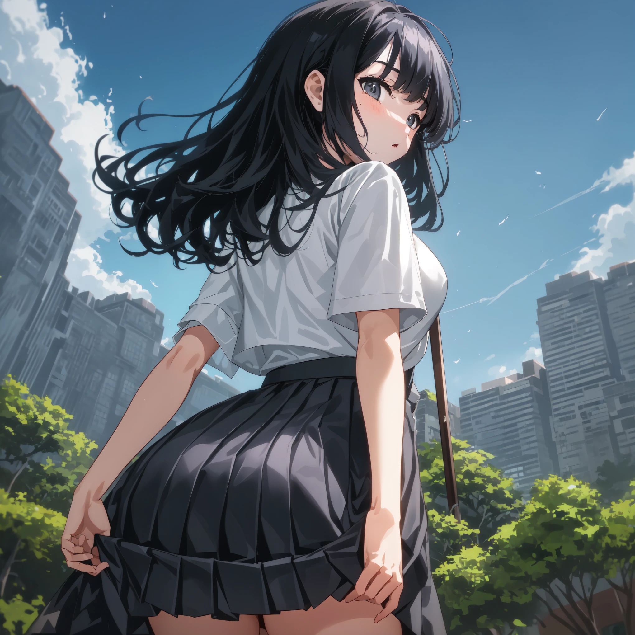 (from below:1.4),15years old,butt forcus,hairstyle with bangs that fully exposes the ears,The fine wrinkles in the skirt, the skirt that clearly shows the shape of your buttocks,high school girl with big butt,{{natural curl  black hair}},white shirts,grey pleats long skirt,school staff room