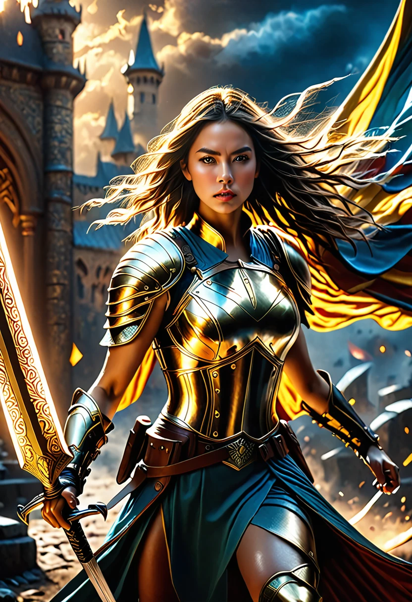 A female guardian, holding a sword and shield, in a battleground backdrop. (best quality:1.2),ultra-detailed,realistic, HDR, highres, extreme detail description, professional, vibrant colors, physically-based rendering, studio lighting, fine painting, sharp focus, vivid colors, bokeh, portraits, fantasy, intense action, powerful stance, golden armor, flowing cape, fierce expression, dramatic lighting, dynamic composition, breathtaking fantasy scene.