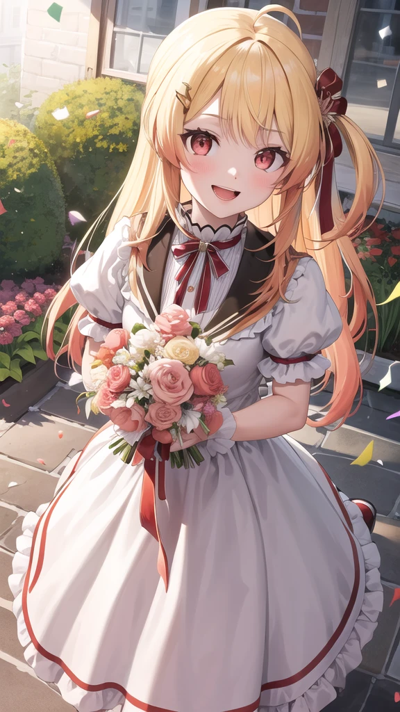 masterpiece, best quality, highres, kanadeyj, long hair, one side up, hair ribbon, hair ornament, ahoge, red eyes, wedding dress, standing, garden, confetti, holding bouquet, smile, open mouth,