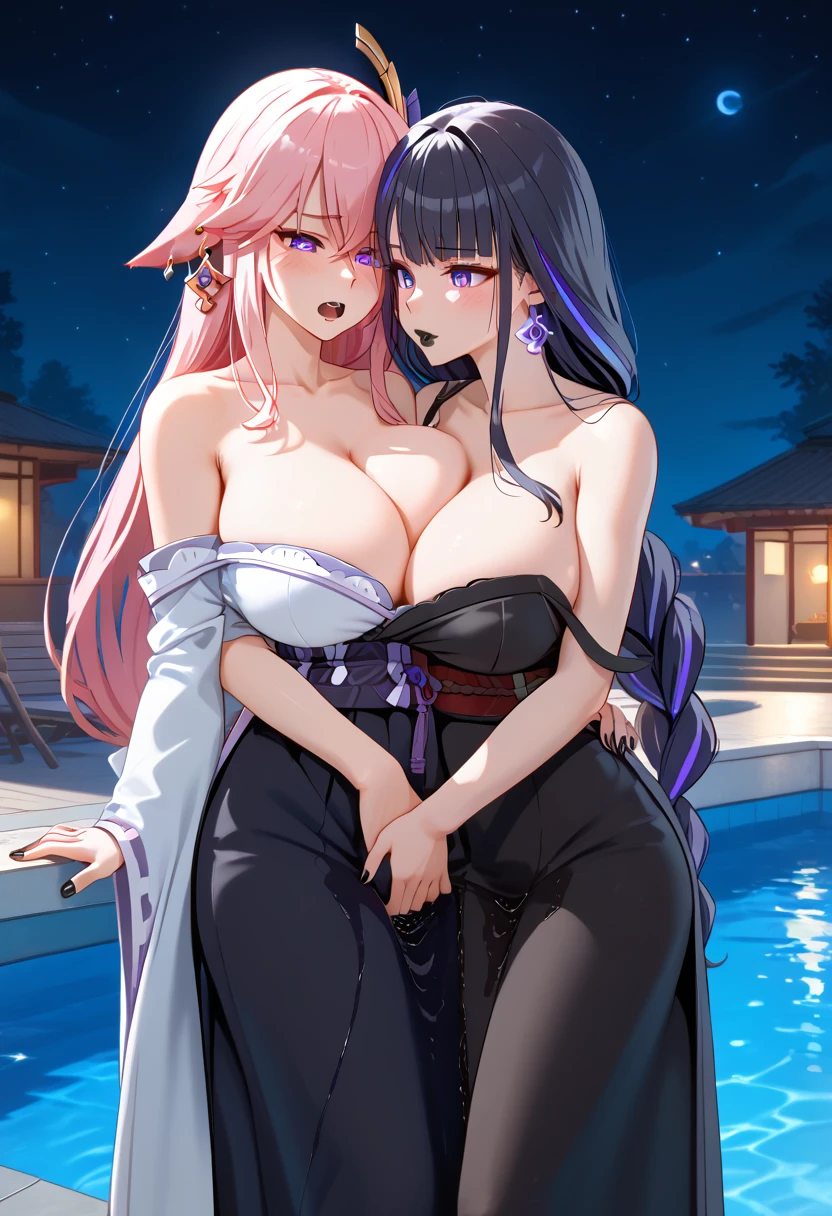 BREAK, (SuperQuality:1.0), raiden_shogun, yae miko, 2girls, (huge breasts:1.5), A detailed portrait of two young women, streaked hair, two-tone hair, sidelocks, hair ornament, highres, blunt bangs, low ponytail, dress, long dress, tight dress, animal ears, floppy ears, fox ears, hair between eyes, pink hair, purple eyes, earrings, yuri, (kiss:2.0), (groping:2.0), (hand on another's crotch:2.0), (crotch grab:2.0), (mutual masturbation:2.0), (slender:2.0), (black lipstick:1.75), (black nails:2.0), (detailed eyes, extremely detailed face), (beautiful detailed eyes:2.0), (extremely detailed eyes and face:2.0), long eyelashes, (wetting self:2.0), embarrassed, humiliation (blushing:2.0), (angry:1.5), (open mouth:1.5), tears, (standing:2.0), facing viewer, outdoors, night, moon, pool, (best quality, 4k, 8k, highres, masterpiece:2.0), (extremely high quality:2.0), (ultra-detailed:2.0), HDR, UHD, studio lighting, ultra-fine painting, sharp focus, physically-based rendering, extreme detail description, professional, vivid colors, bokeh, portrait