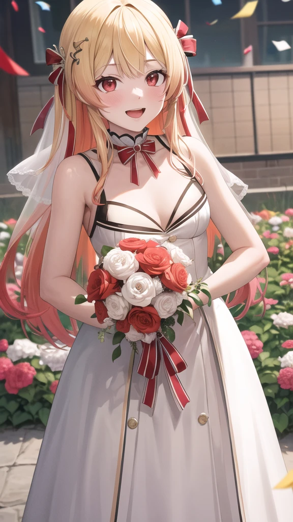 masterpiece, best quality, highres, kanadeyj, long hair, one side up, hair ribbon, hair ornament, ahoge, red eyes, wedding dress, standing, garden, confetti, holding bouquet, smile, open mouth,