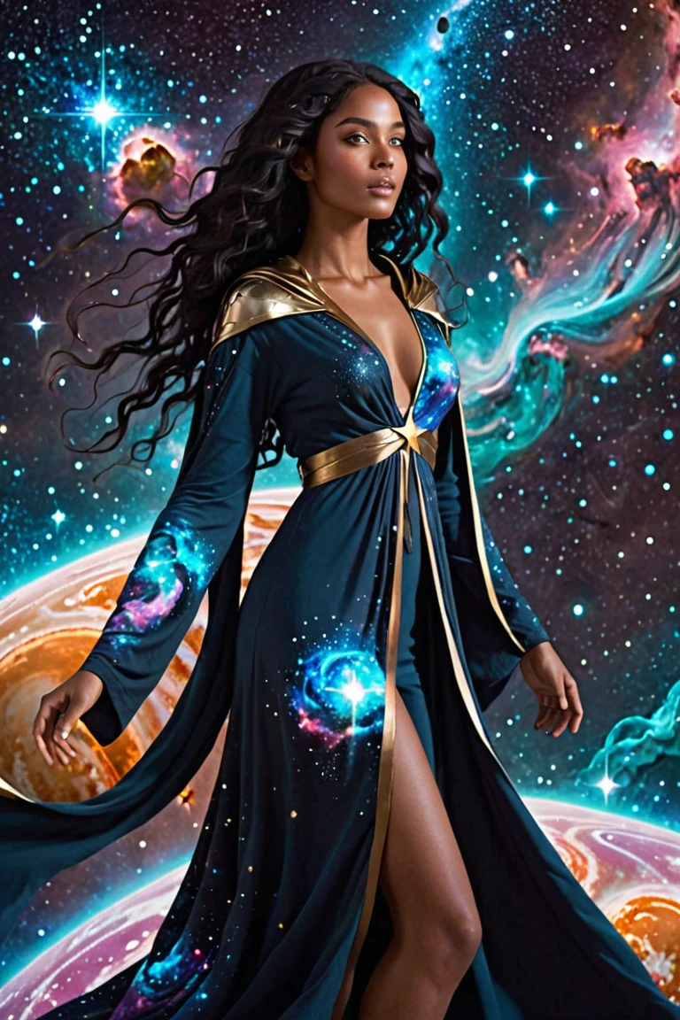 a cosmic being , a goddess, is an imposing and divine figure, with perfectly human features sculpted . Her skin has a subtle glow that reflects the colors of the universe , as if she were herself made of stars and cosmic dust .
eyes: Her eyes are deep and bright , that seem to contain moving constellations within her irises . Looking at them , you can see the past , the present and the future intertwined .
Hair: Her hair is long and flowing like a starry night , with colorful nebulae and small spots of light that seem to wander through her like stars .
Outfit: Khaëlia wears a cloak made of spiral galaxies and nebulas , that moves like space , in constant transformation . Her robe symbolized She replicates the vastness and order of the cosmos , with stars that shine and disappear , replicating the creation and destruction of the universe .
aura: A majestic and calm energy around , inspiring reverence in those who approach . Her simple touch can calm starstorms or rearrange errant stars in the firmament.