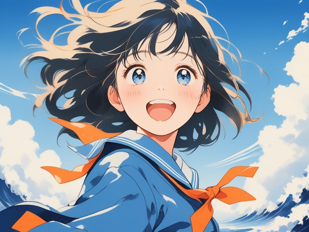 Vibrant and full of youthful energy, this stunning illustration captures a moment of pure joy and wonder. A young girl with a casual yet lively hairstyle, her big, expressive blue eyes radiating excitement and innocence, stands at the center of the scene. Dressed in a traditional Japanese school uniform, her blue sailor top and bright orange neckerchief flutter in the breeze, adding a sense of movement to the composition. The backdrop is a breathtakingly clear blue sky, dotted with fluffy white clouds, kissed by streaks of sunlight that bathe everything in a warm, golden glow. The sky stretches out endlessly, filling the air with a fresh, uplifting atmosphere that mirrors the boundless potential of youth. It’s a moment that invites both contemplation and adventure, capturing the vibrant essence of a youthful spirit reaching out to touch the sky.